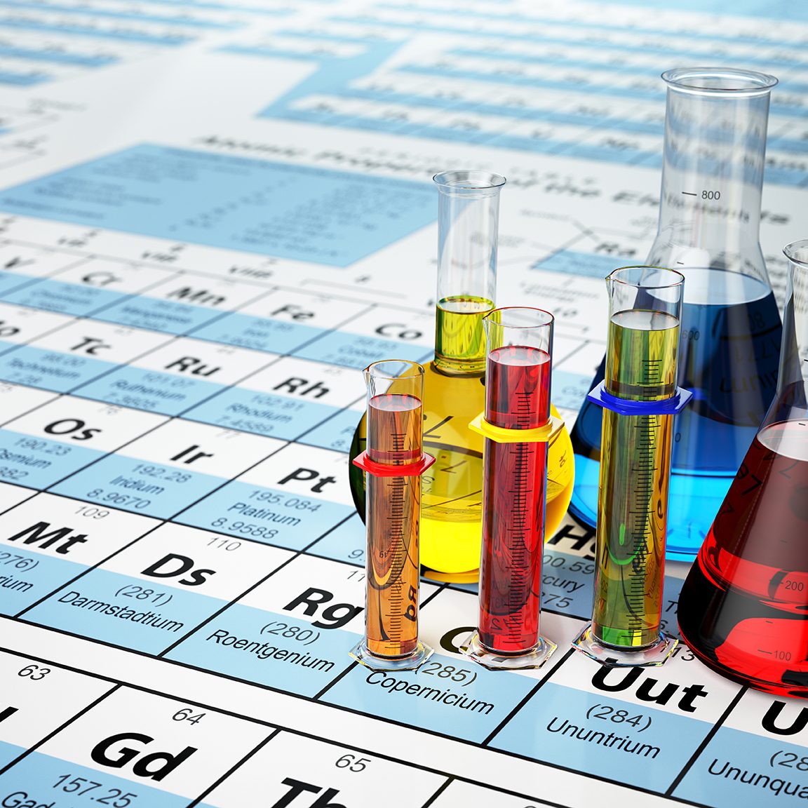 Science chemistry concept. Laboratory test tubes and flasks with colored liquids on the periodic table of elements.  3d illustration